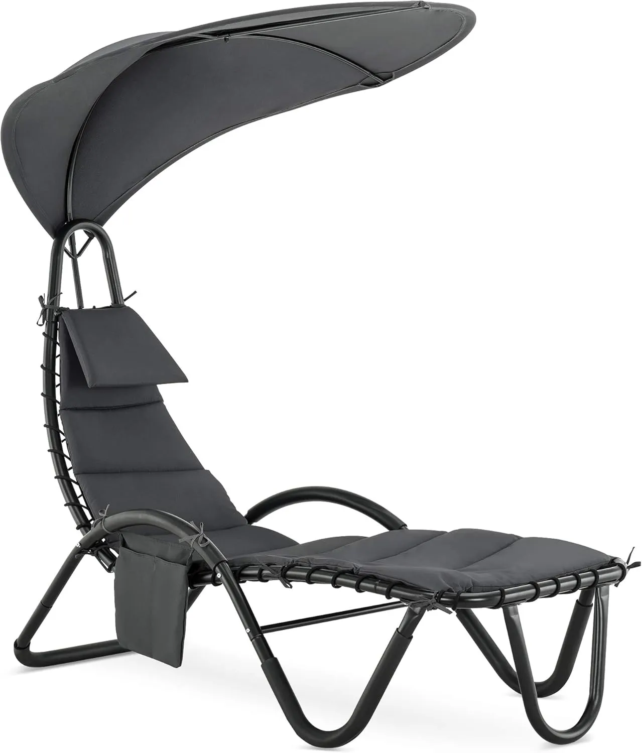 MCombo Outdoor Steel Chaise Lounge Chair with Removable Canopy and Cushions, Reclining Chair w/Side Pocket Arc Stand, for Beach Poolside Backyard Balcony Porch, 4097 (Dark Grey)