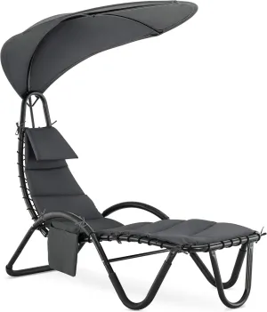 MCombo Outdoor Steel Chaise Lounge Chair with Removable Canopy and Cushions, Reclining Chair w/Side Pocket Arc Stand, for Beach Poolside Backyard Balcony Porch, 4097 (Dark Grey)