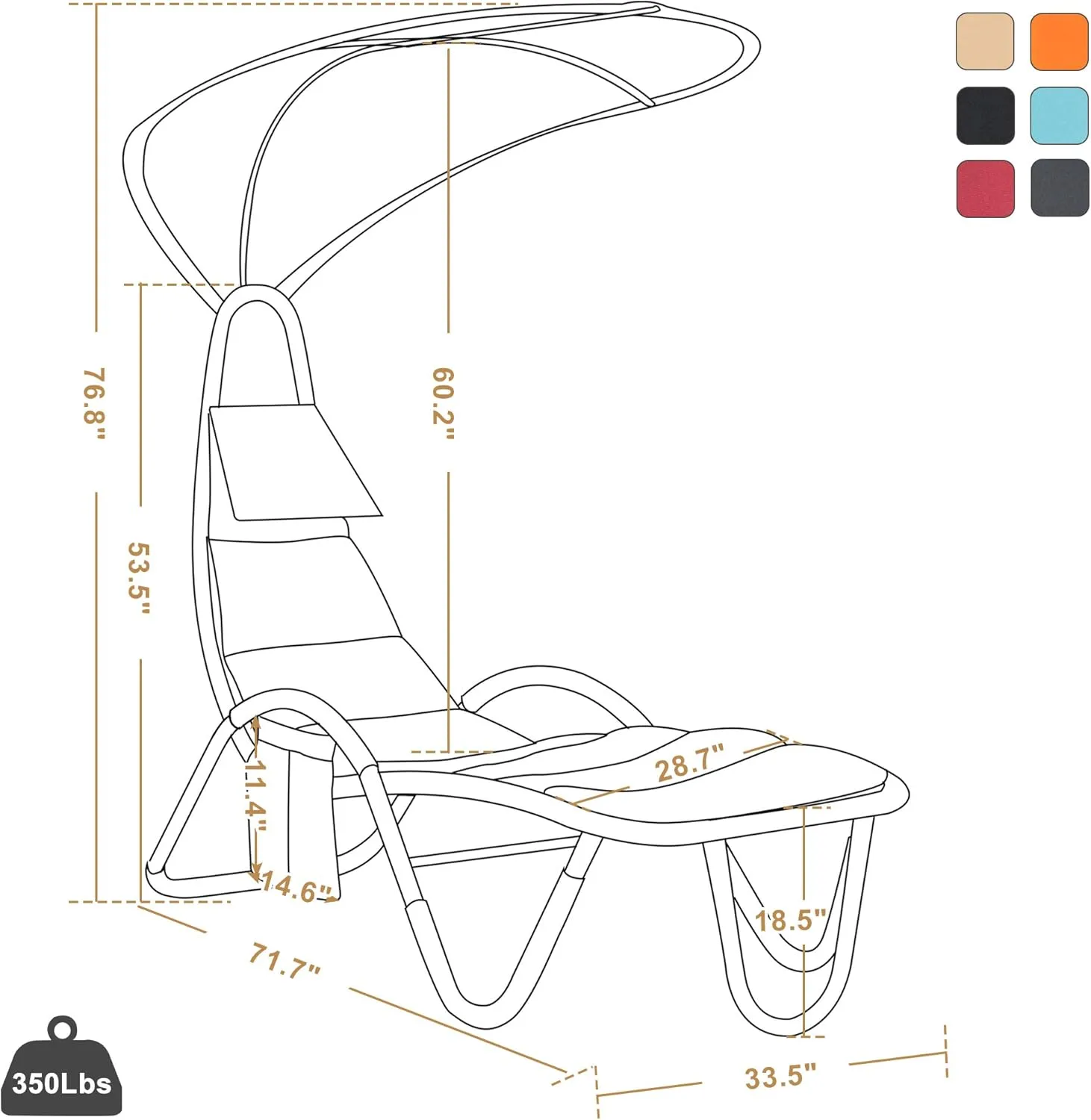 MCombo Outdoor Steel Chaise Lounge Chair with Removable Canopy and Cushions, Reclining Chair w/Side Pocket Arc Stand, for Beach Poolside Backyard Balcony Porch, 4097 (Dark Grey)