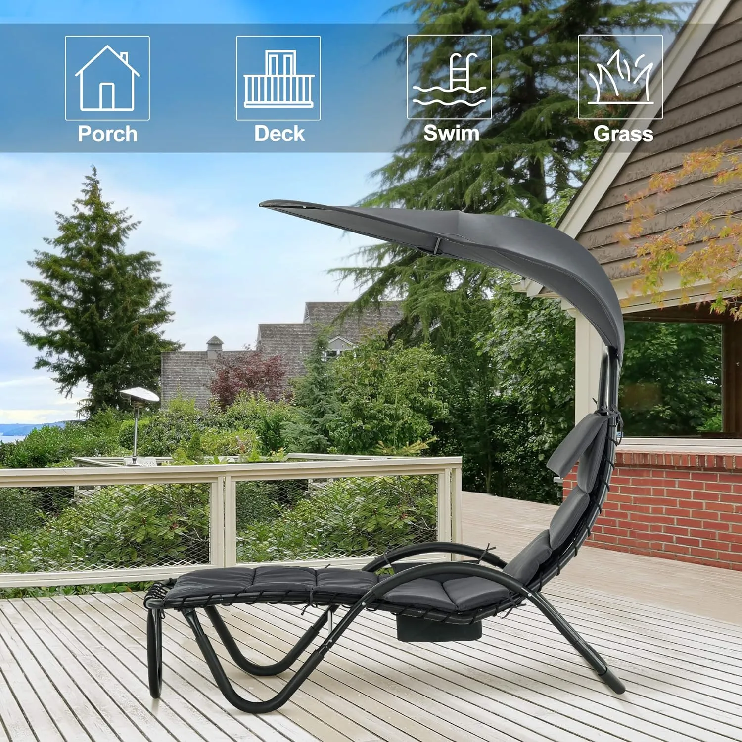 MCombo Outdoor Steel Chaise Lounge Chair with Removable Canopy and Cushions, Reclining Chair w/Side Pocket Arc Stand, for Beach Poolside Backyard Balcony Porch, 4097 (Dark Grey)