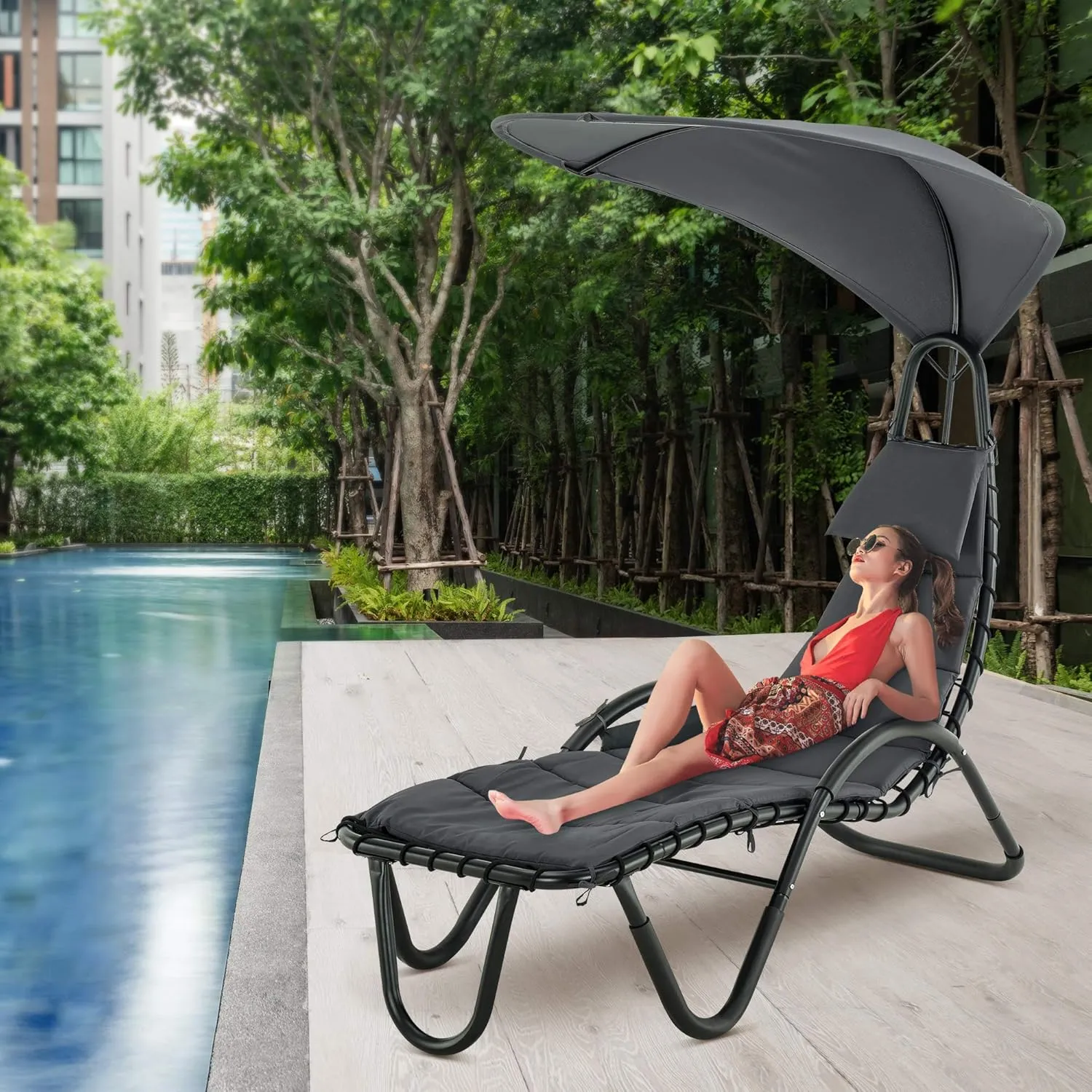 MCombo Outdoor Steel Chaise Lounge Chair with Removable Canopy and Cushions, Reclining Chair w/Side Pocket Arc Stand, for Beach Poolside Backyard Balcony Porch, 4097 (Dark Grey)