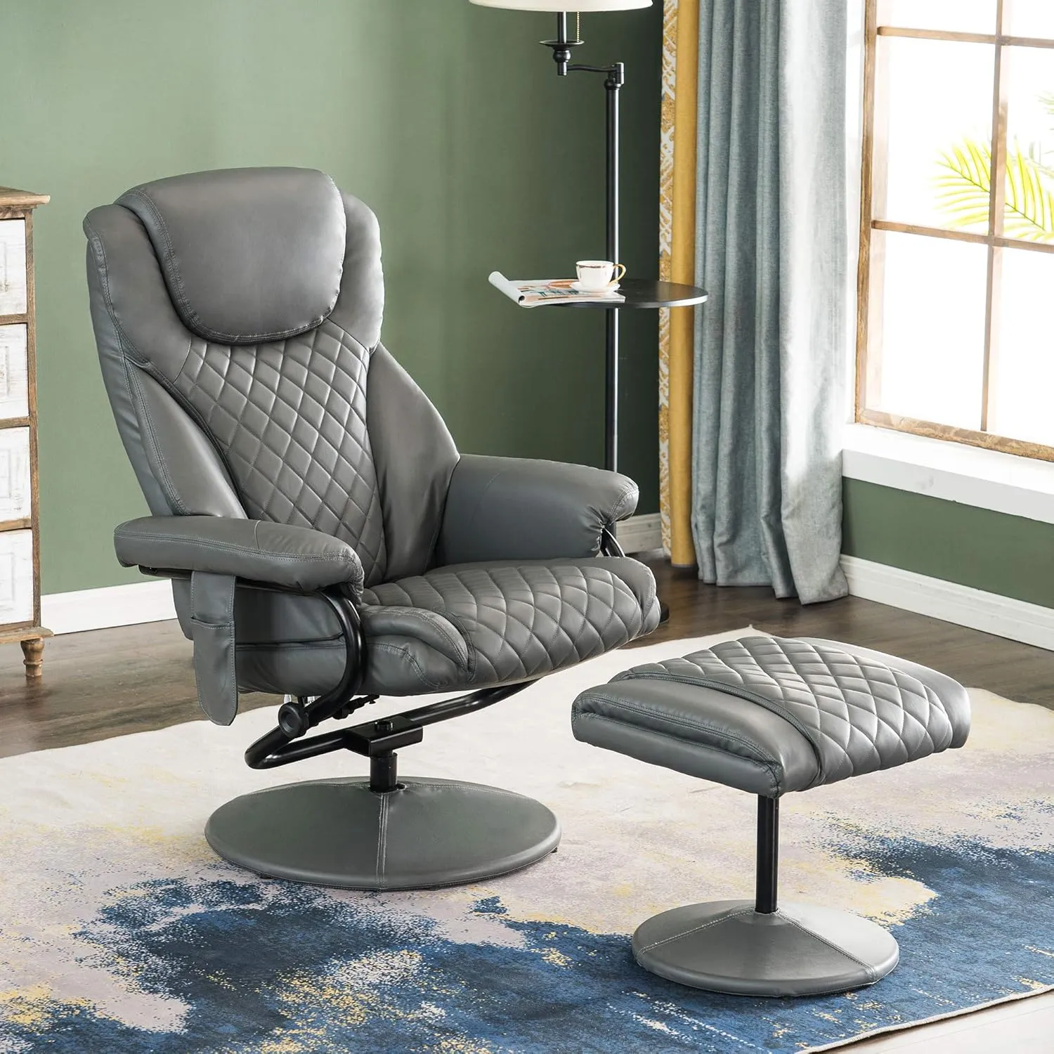 MCombo Recliner with Ottoman, Reclining Chair with Massage, 360 Swivel Living Room Chair Faux Leather, 4901 (Grey)