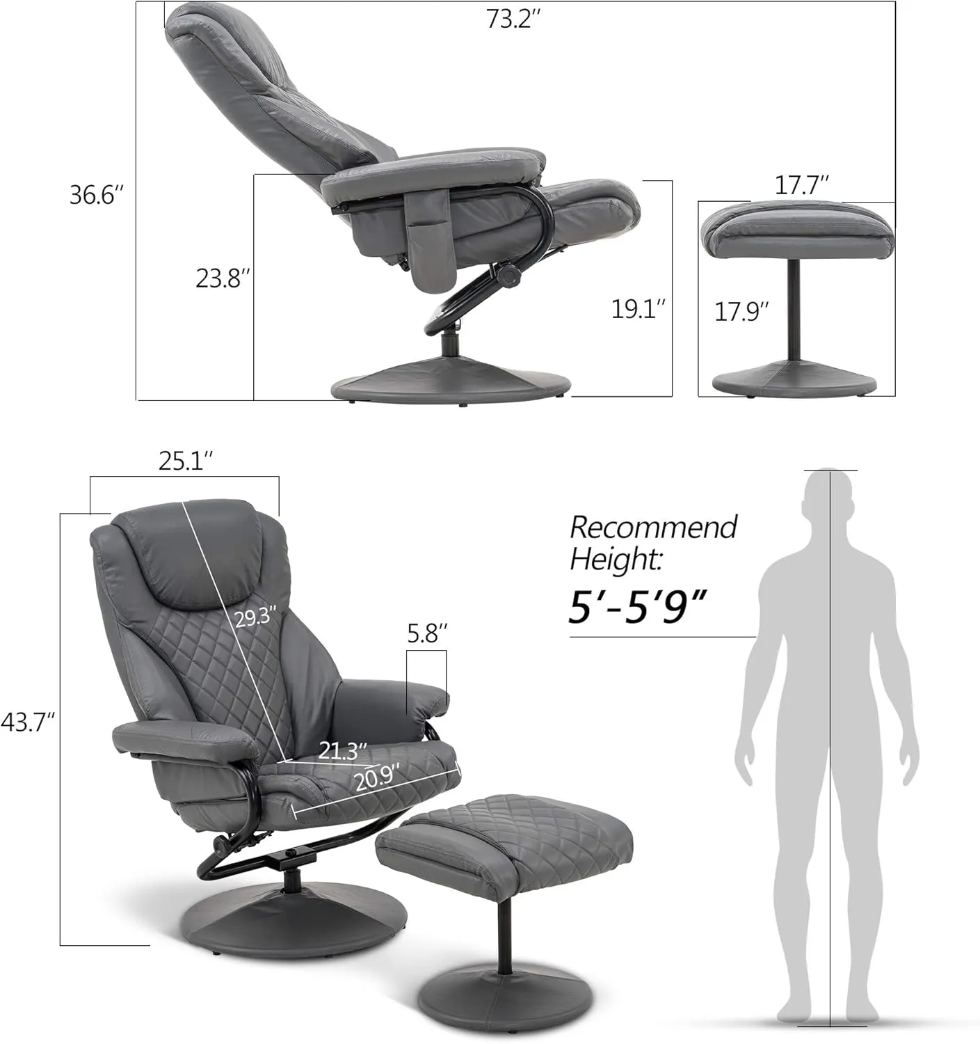 MCombo Recliner with Ottoman, Reclining Chair with Massage, 360 Swivel Living Room Chair Faux Leather, 4901 (Grey)