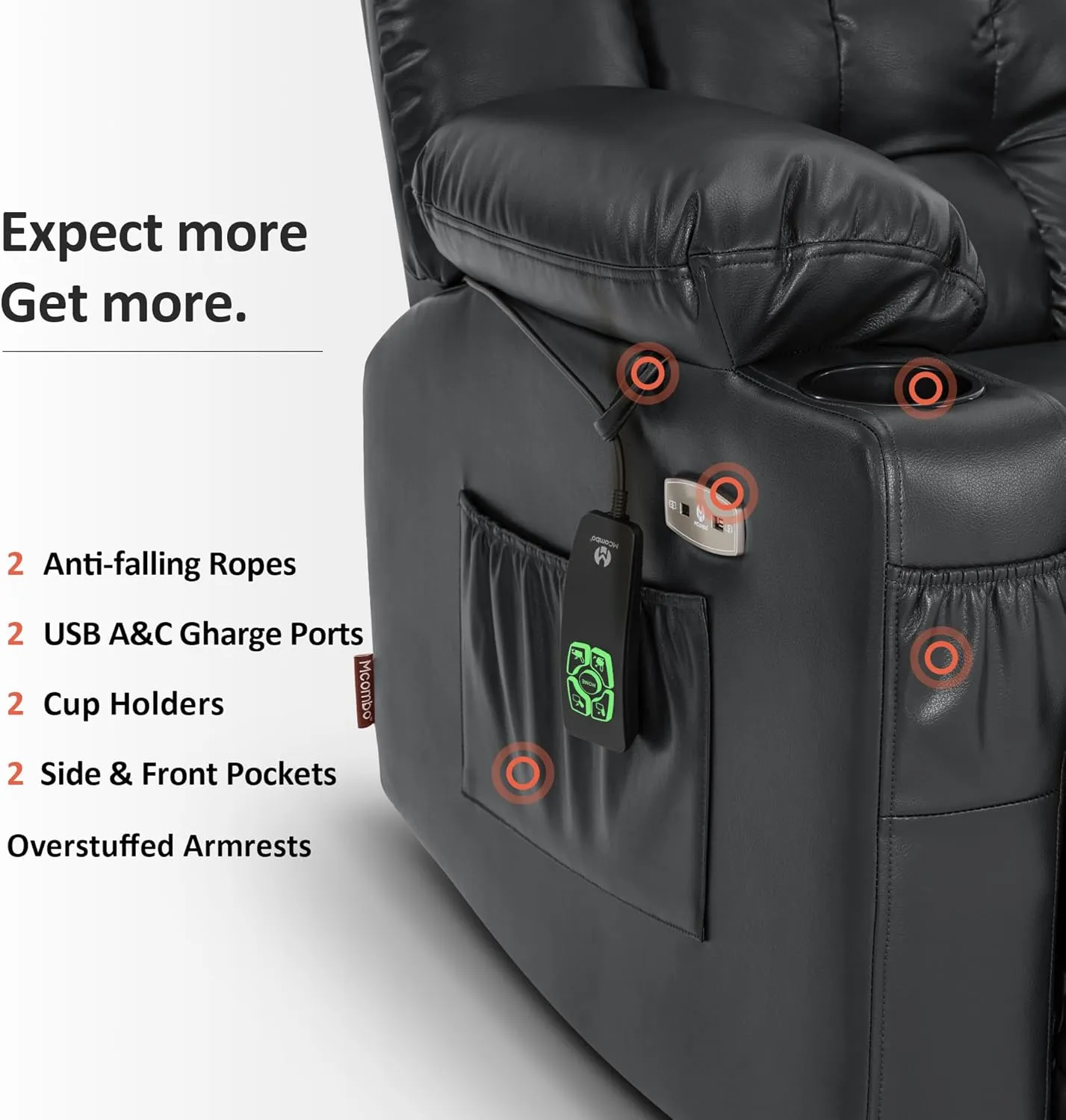 MCombo Small Dual Motor Power Lift Recliner Chair Sofa with Massage and Heat for Elderly People Petite, Infinite Position, USB Ports, Faux Leather 7893 (Black, Small)