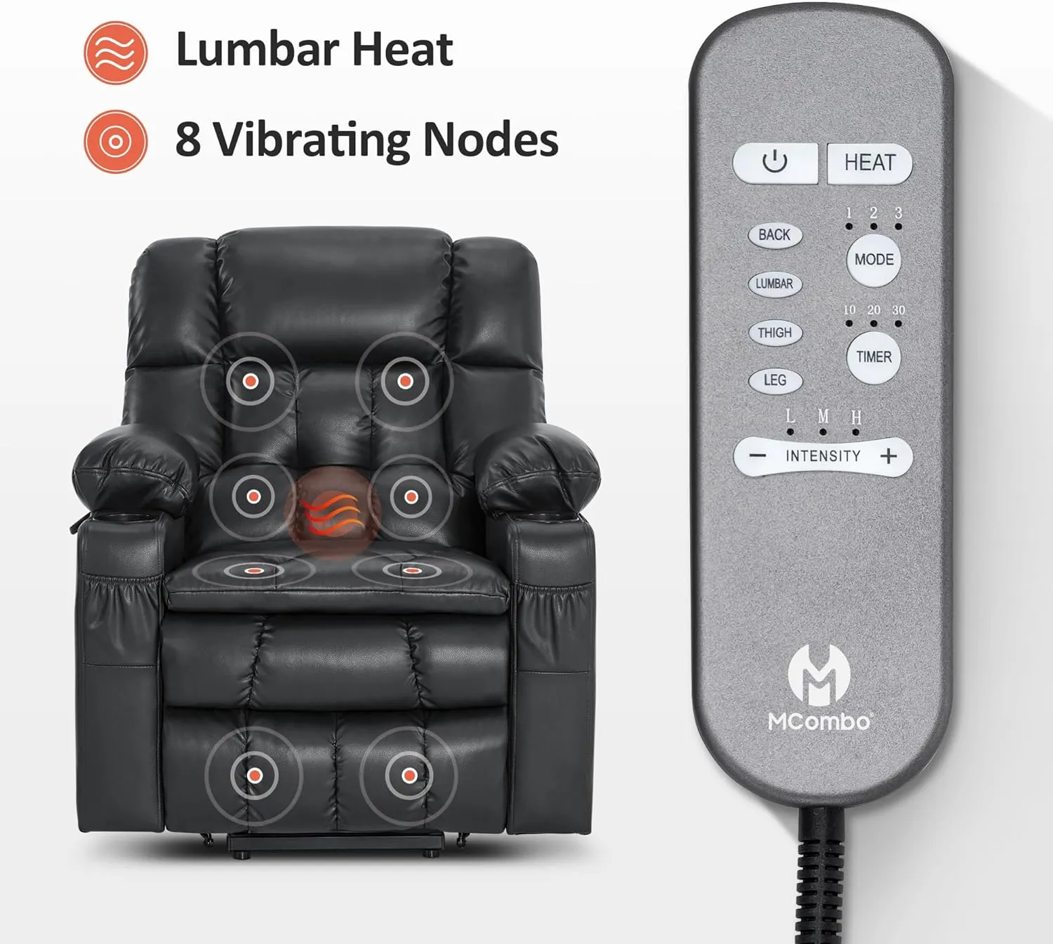 MCombo Small Dual Motor Power Lift Recliner Chair Sofa with Massage and Heat for Elderly People Petite, Infinite Position, USB Ports, Faux Leather 7893 (Black, Small)