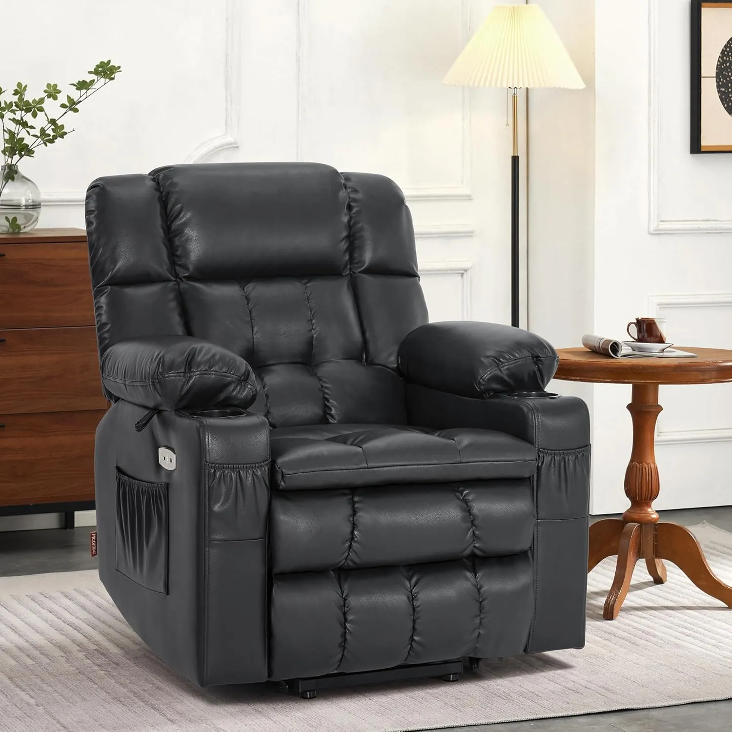 MCombo Small Dual Motor Power Lift Recliner Chair Sofa with Massage and Heat for Elderly People Petite, Infinite Position, USB Ports, Faux Leather 7893 (Black, Small)