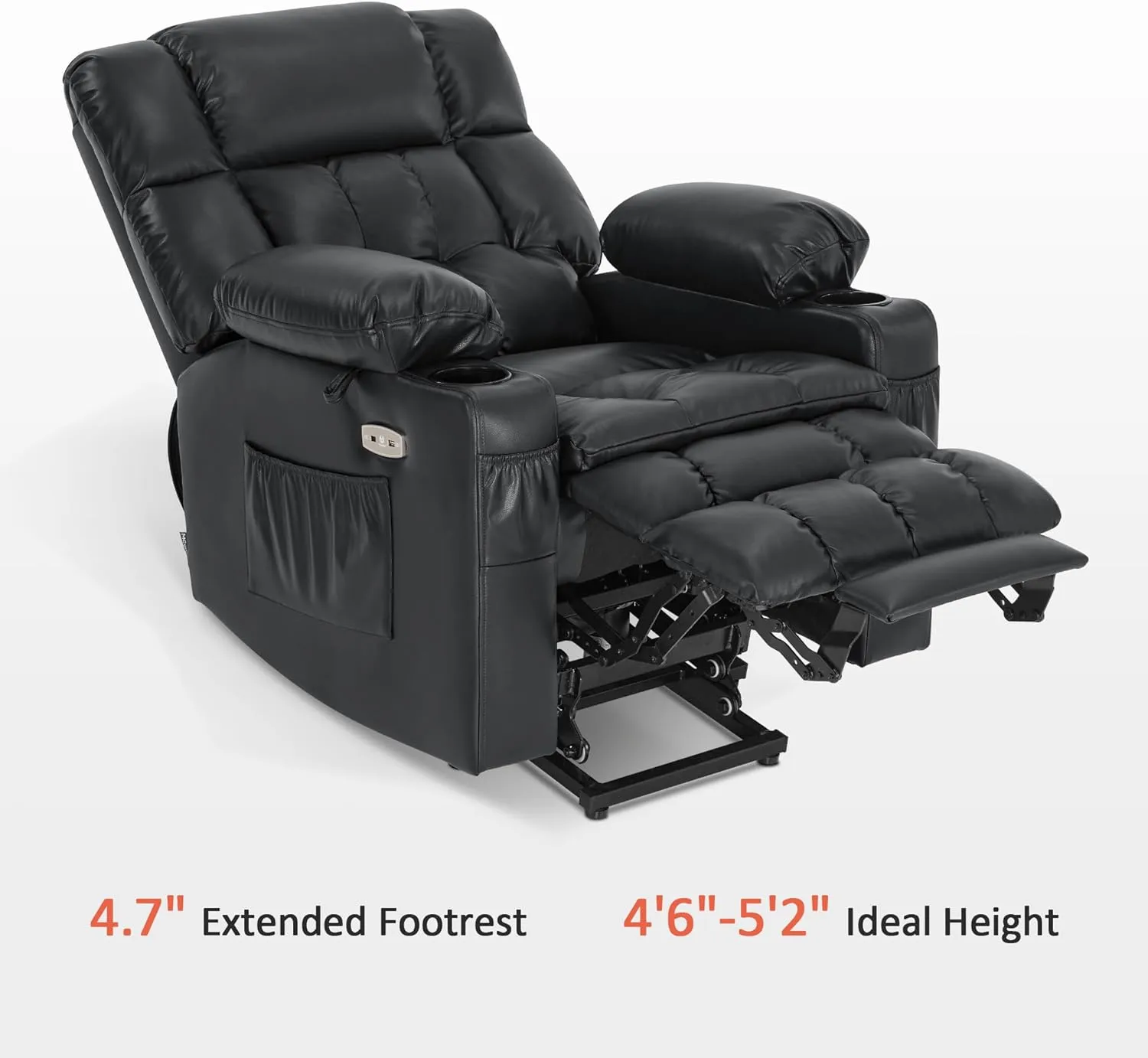 MCombo Small Dual Motor Power Lift Recliner Chair Sofa with Massage and Heat for Elderly People Petite, Infinite Position, USB Ports, Faux Leather 7893 (Black, Small)