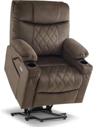 MCombo Small Size Triple Motor Power Lift Recliner Chair Sofa with Massage and Dual Heating, Adjustable Headrest for Elderly People Petite, USB Ports, Extended Footrest, Fabric 7222 (Coffee)