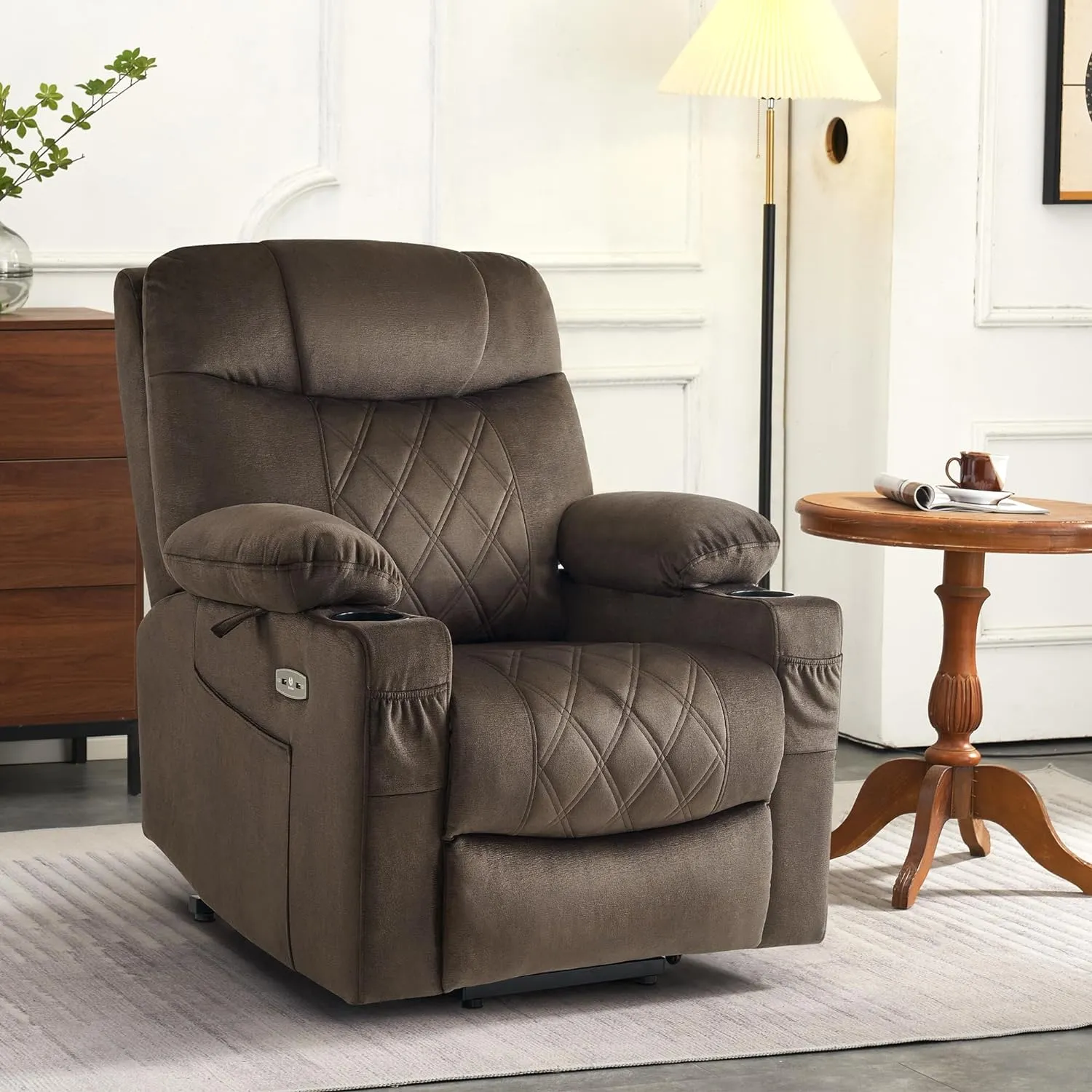 MCombo Small Size Triple Motor Power Lift Recliner Chair Sofa with Massage and Dual Heating, Adjustable Headrest for Elderly People Petite, USB Ports, Extended Footrest, Fabric 7222 (Coffee)