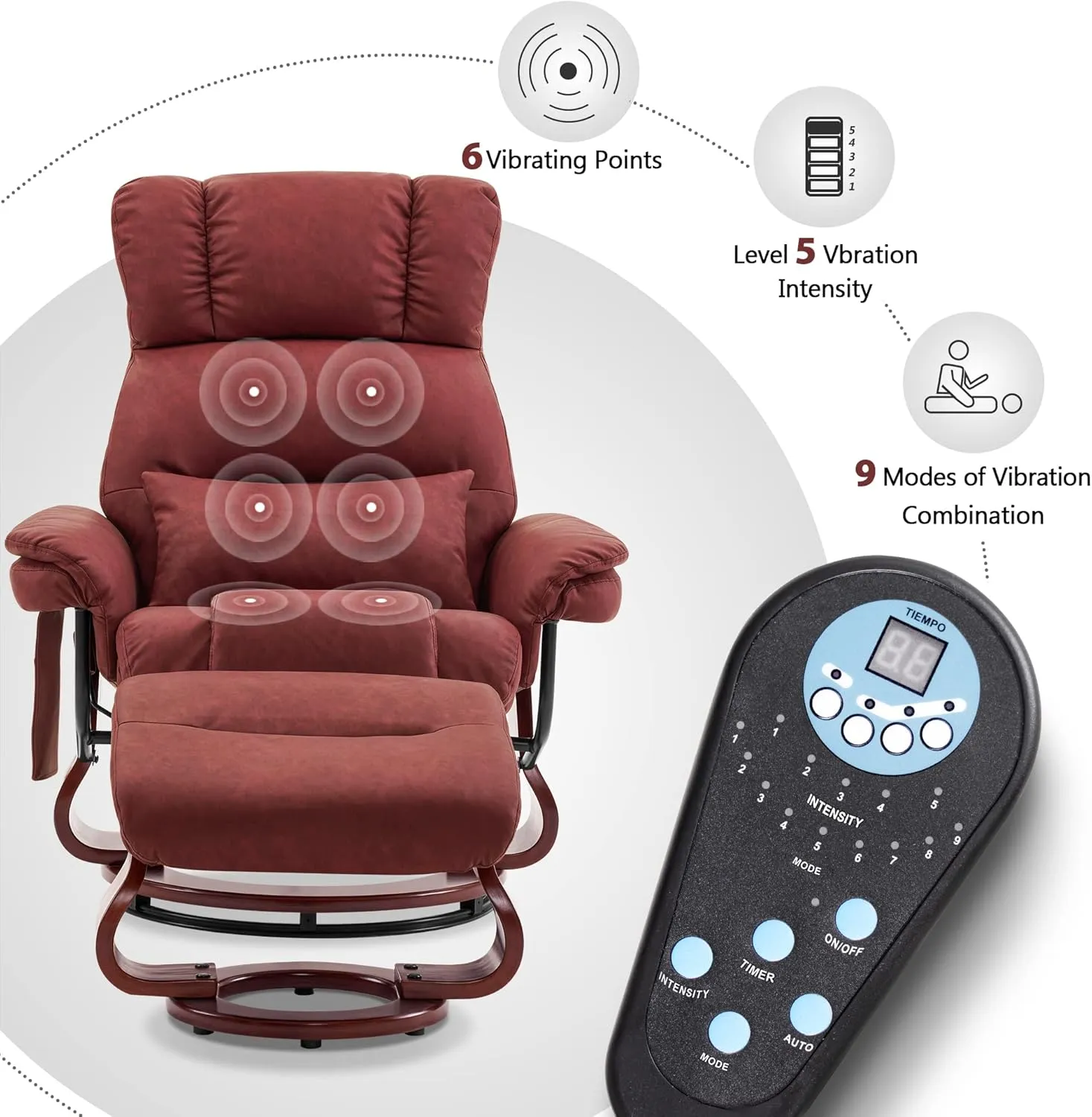 MCombo Swivel Recliners with Ottoman, Reclining TV Chairs with Vibration Massage, Faux Leather Ergonomic Lounge Chair for Living Room Bedroom 4832 (Burgundy)