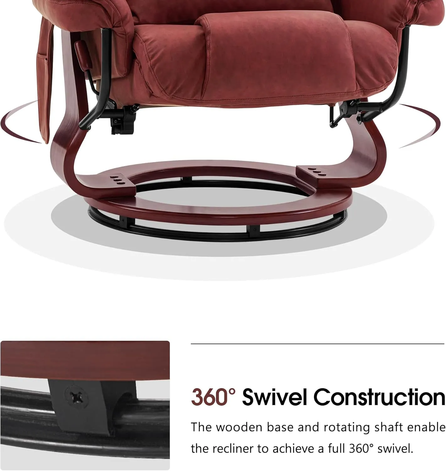 MCombo Swivel Recliners with Ottoman, Reclining TV Chairs with Vibration Massage, Faux Leather Ergonomic Lounge Chair for Living Room Bedroom 4832 (Burgundy)