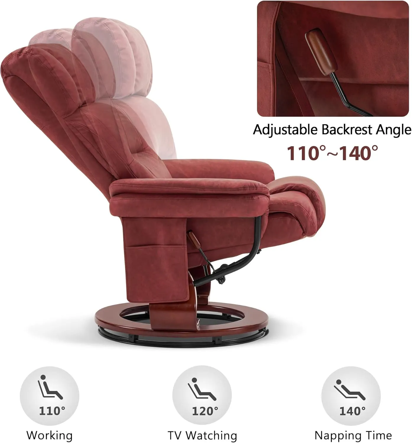 MCombo Swivel Recliners with Ottoman, Reclining TV Chairs with Vibration Massage, Faux Leather Ergonomic Lounge Chair for Living Room Bedroom 4832 (Burgundy)