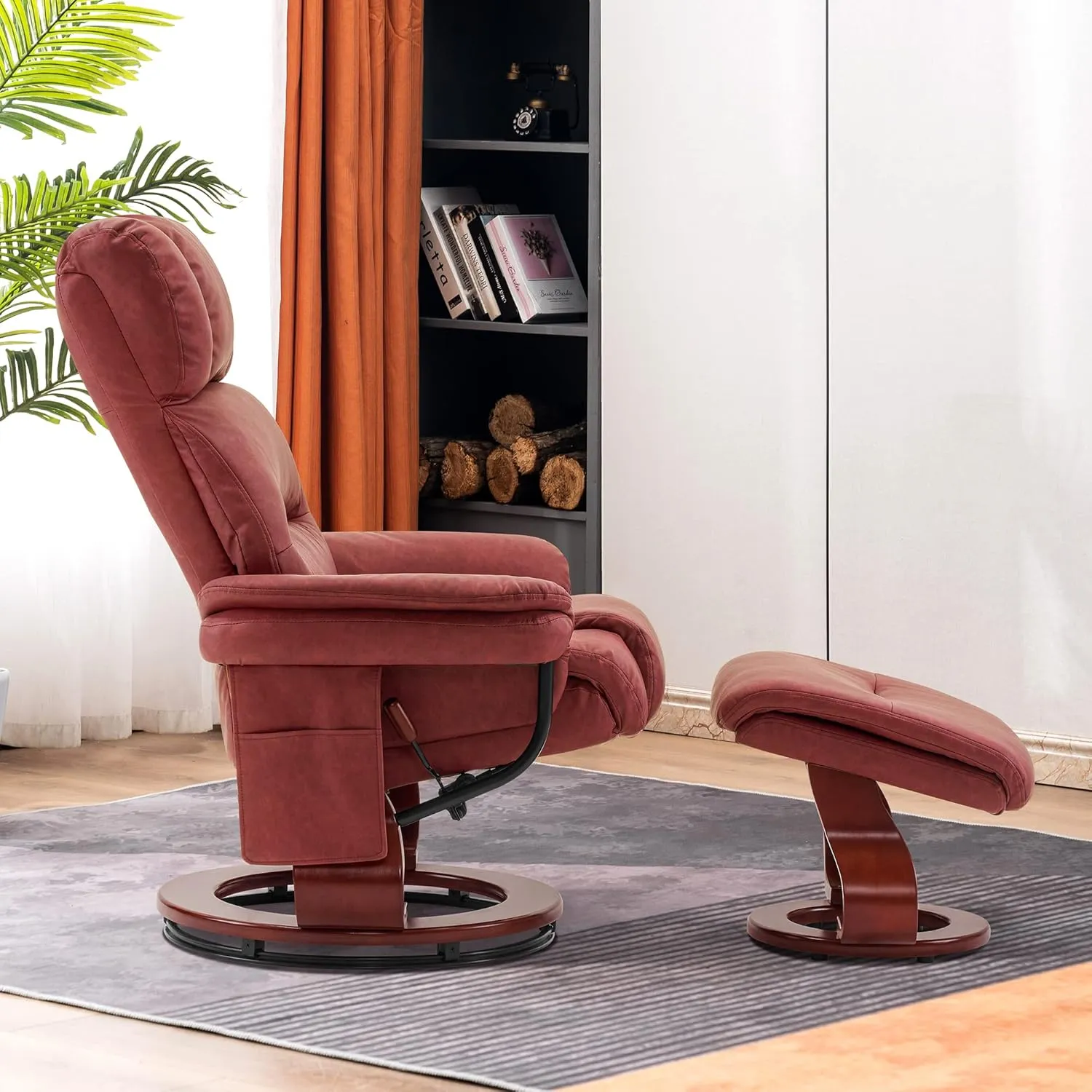 MCombo Swivel Recliners with Ottoman, Reclining TV Chairs with Vibration Massage, Faux Leather Ergonomic Lounge Chair for Living Room Bedroom 4832 (Burgundy)