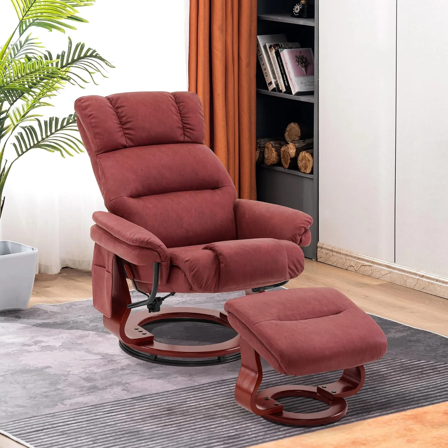 MCombo Swivel Recliners with Ottoman, Reclining TV Chairs with Vibration Massage, Faux Leather Ergonomic Lounge Chair for Living Room Bedroom 4832 (Burgundy)