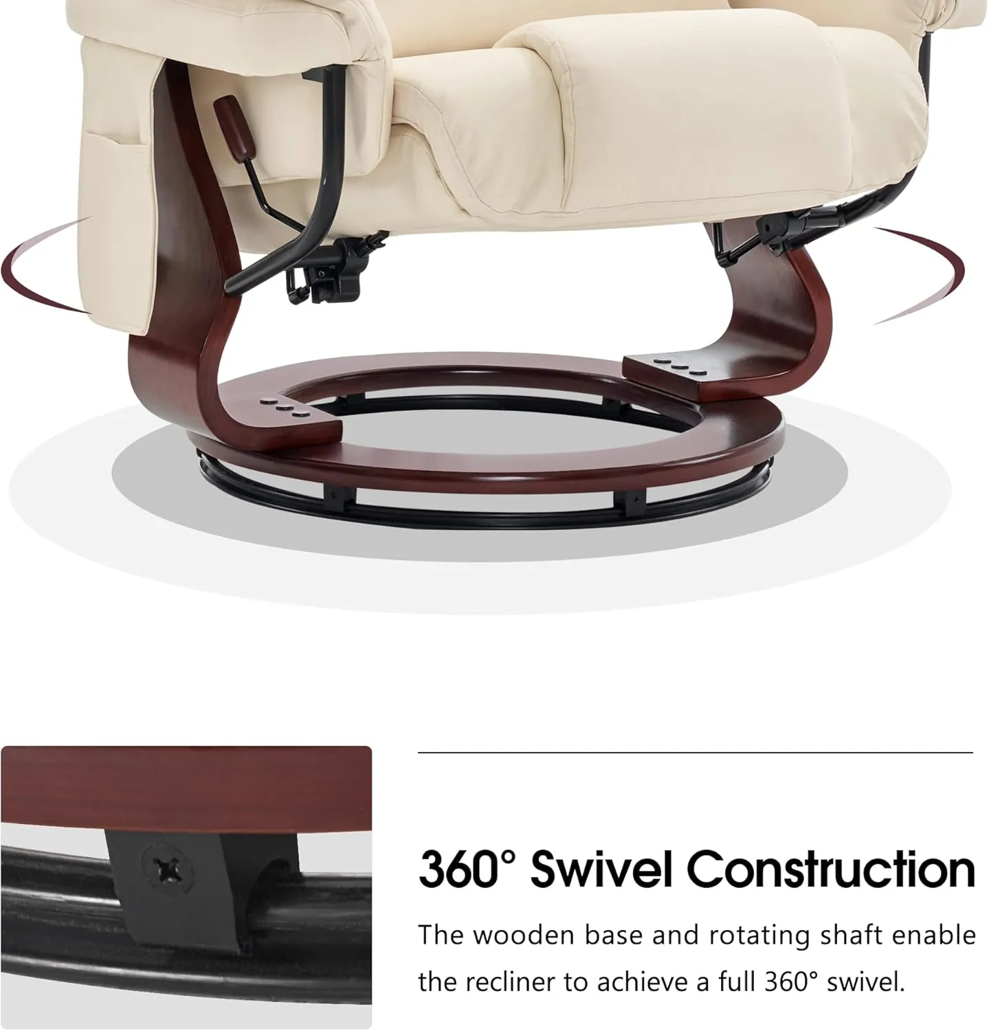 MCombo Swivel Recliners with Ottoman, Reclining TV Chairs with Vibration Massage, Faux Leather Ergonomic Lounge Chair for Living Room Bedroom 4832 (Cream White)