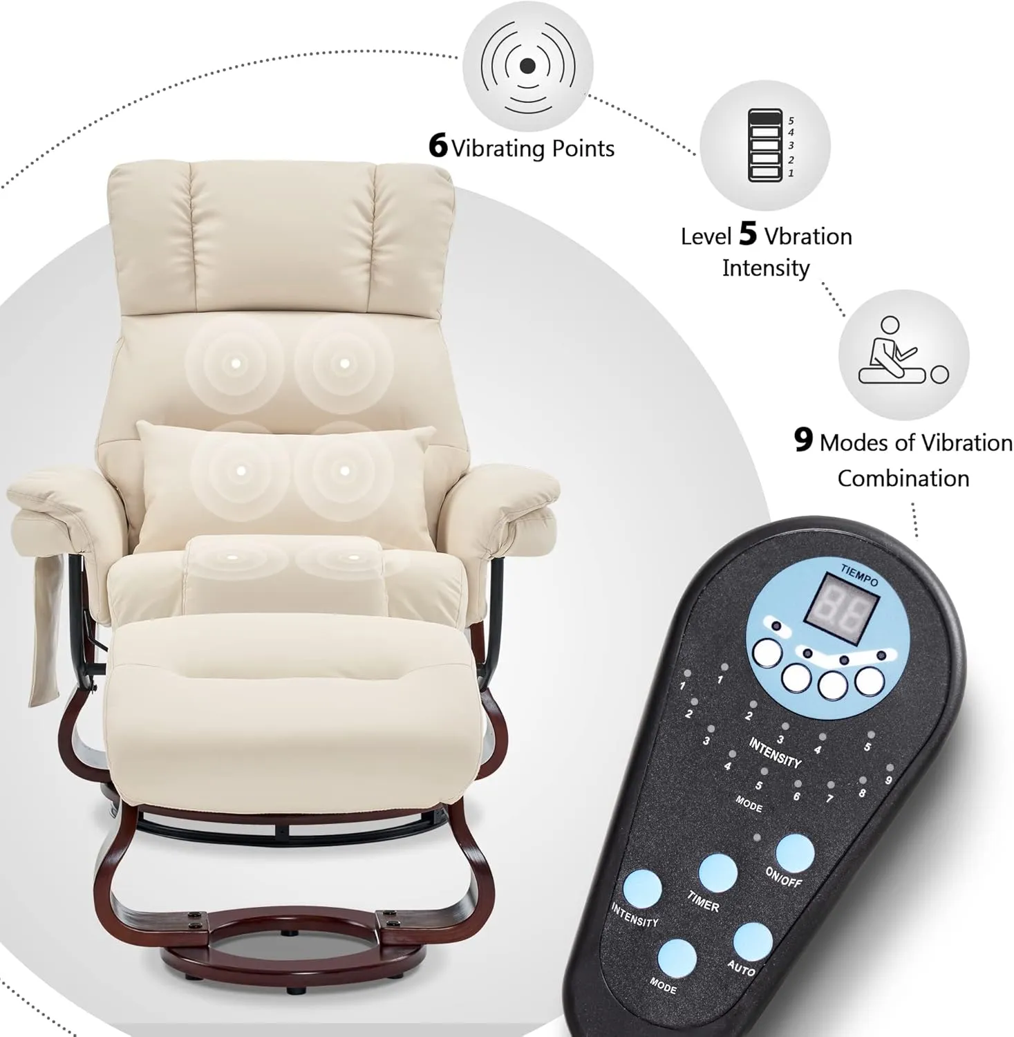 MCombo Swivel Recliners with Ottoman, Reclining TV Chairs with Vibration Massage, Faux Leather Ergonomic Lounge Chair for Living Room Bedroom 4832 (Cream White)