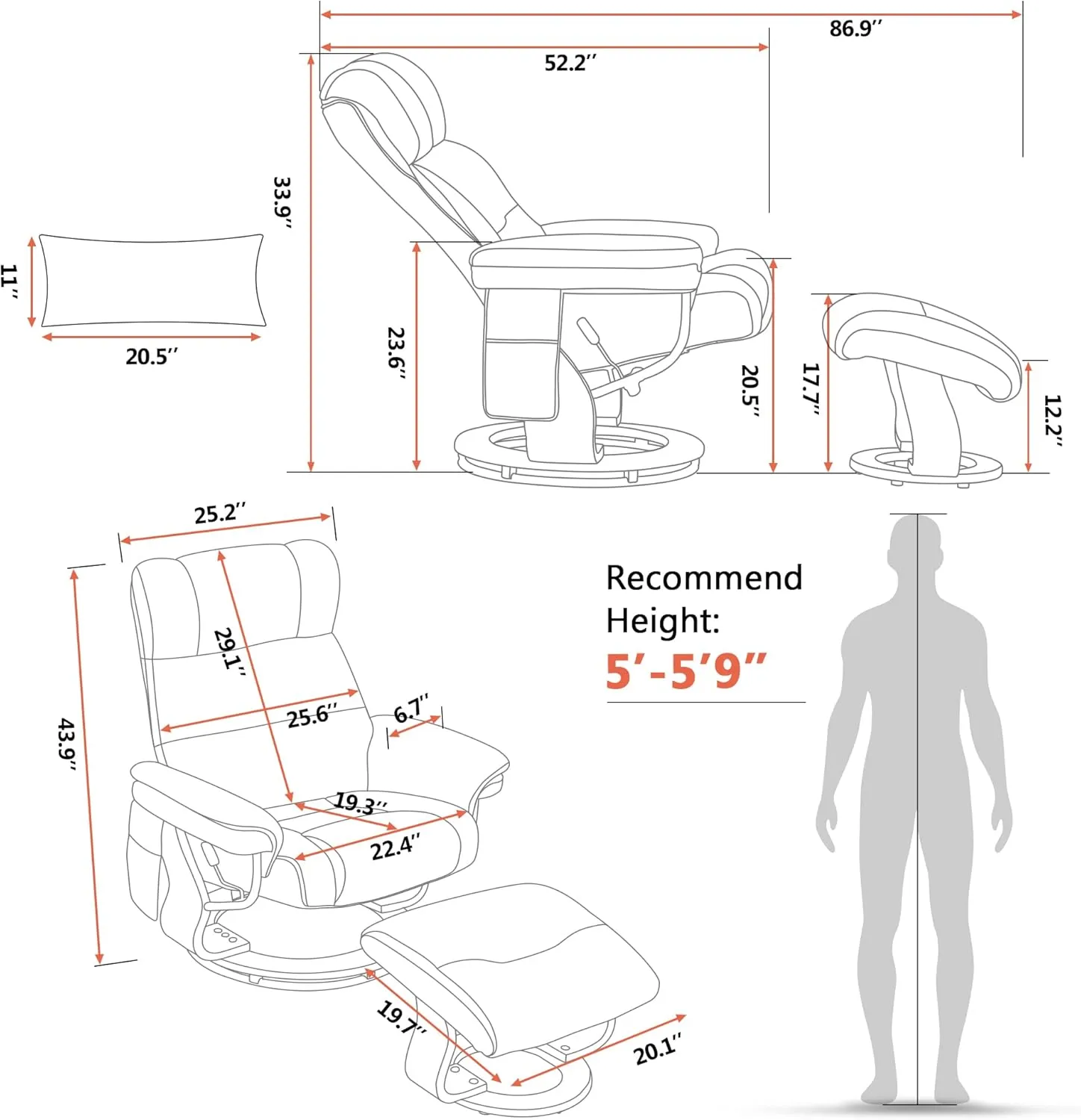 MCombo Swivel Recliners with Ottoman, Reclining TV Chairs with Vibration Massage, Faux Leather Ergonomic Lounge Chair for Living Room Bedroom 4832 (Cream White)