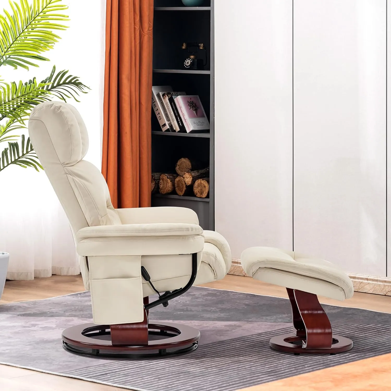 MCombo Swivel Recliners with Ottoman, Reclining TV Chairs with Vibration Massage, Faux Leather Ergonomic Lounge Chair for Living Room Bedroom 4832 (Cream White)