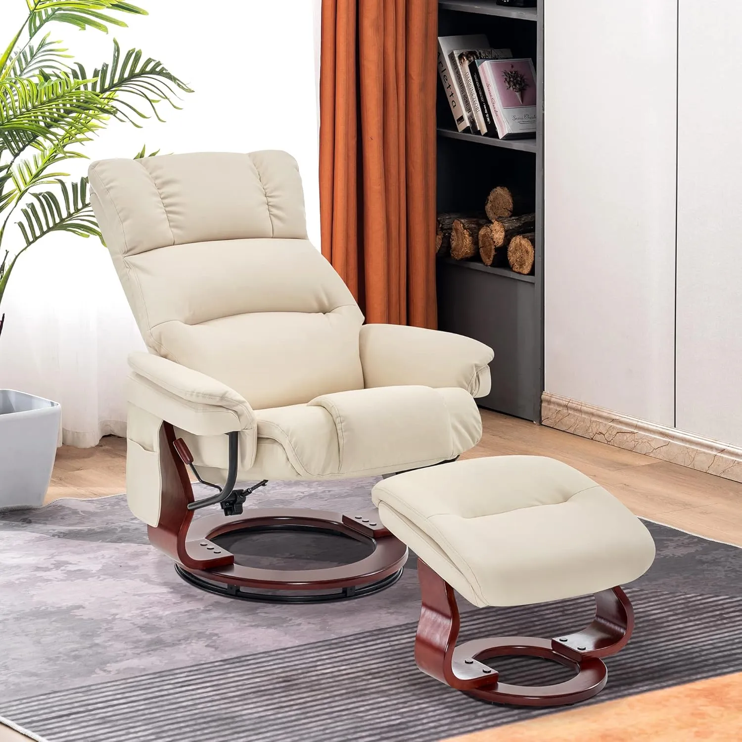 MCombo Swivel Recliners with Ottoman, Reclining TV Chairs with Vibration Massage, Faux Leather Ergonomic Lounge Chair for Living Room Bedroom 4832 (Cream White)