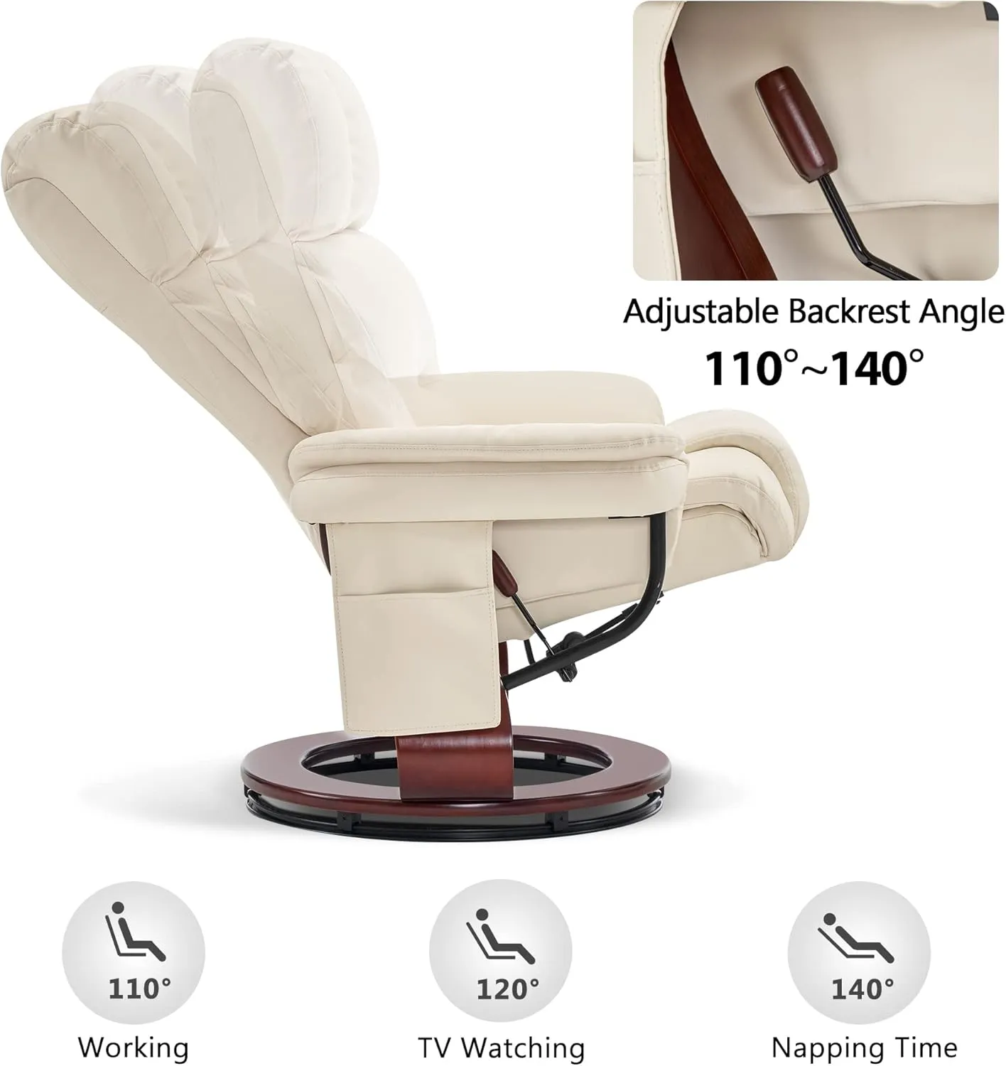 MCombo Swivel Recliners with Ottoman, Reclining TV Chairs with Vibration Massage, Faux Leather Ergonomic Lounge Chair for Living Room Bedroom 4832 (Cream White)