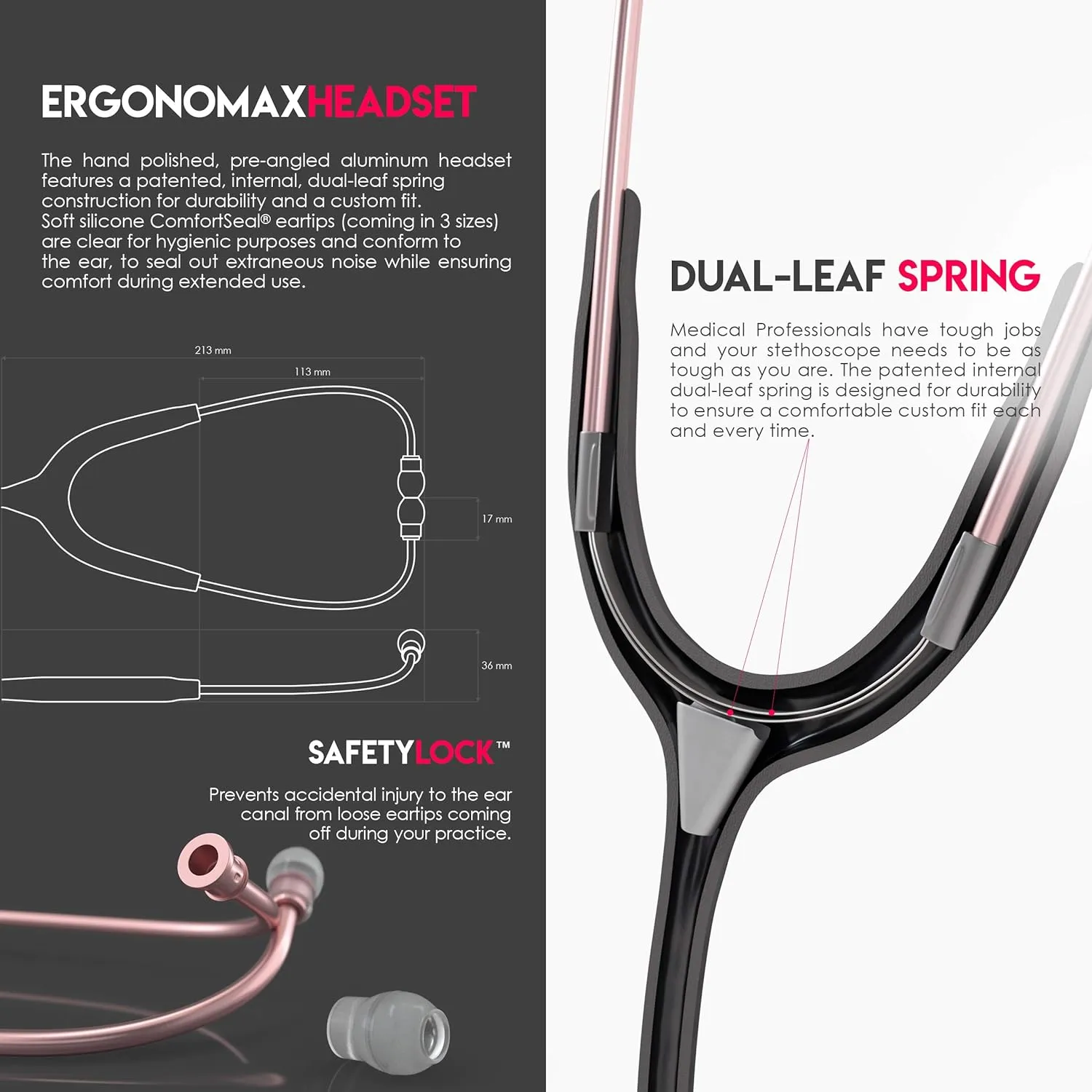 MDF Instruments, Acoustica Lightweight Stethoscope for Doctors, Nurses, Students, Home Health Use, Adult, Dual Head, Black Tube, Rosegold (Matte Finish) Chestpiece-Headset, MDF747XPRG11