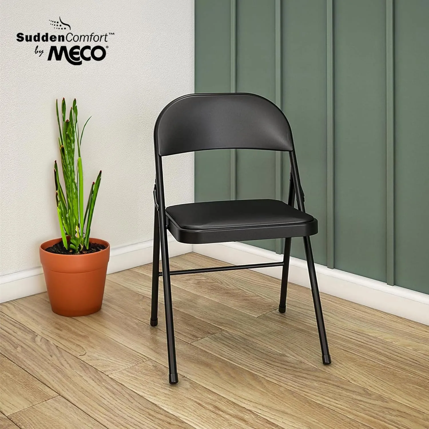 MECO Sudden Comfort Tubular Steel Frame and Deluxe Fabric Padded Folding Chair in Black Lace Frame and Black Seat and Back (4 Pack)