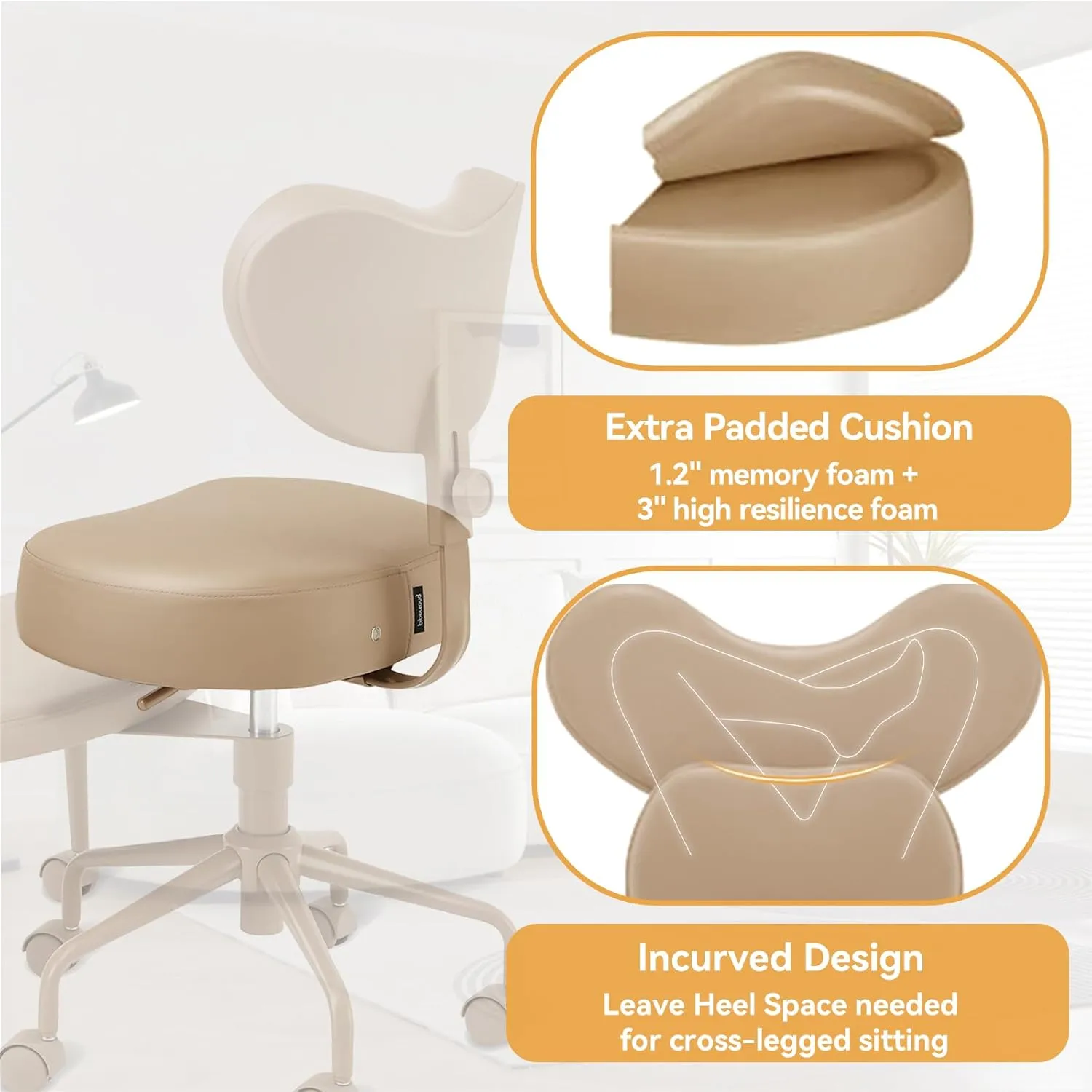 Meditation Cross Legged Chair PRO, ADHD Chair with Height Adjustable Backrest, Criss Cross Desk Use with Footrest and Wheels for Home Office, Flexible Design for Fidgety Sitters, Ivory
