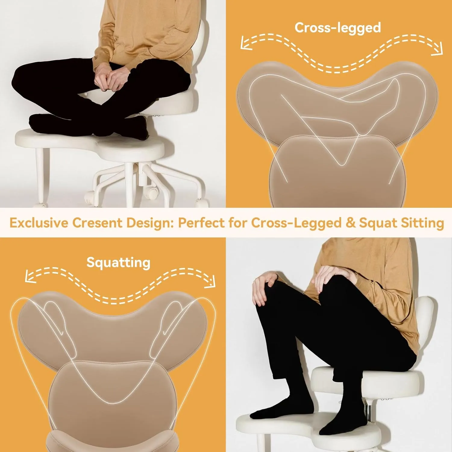 Meditation Cross Legged Chair PRO, ADHD Chair with Height Adjustable Backrest, Criss Cross Desk Use with Footrest and Wheels for Home Office, Flexible Design for Fidgety Sitters, Ivory