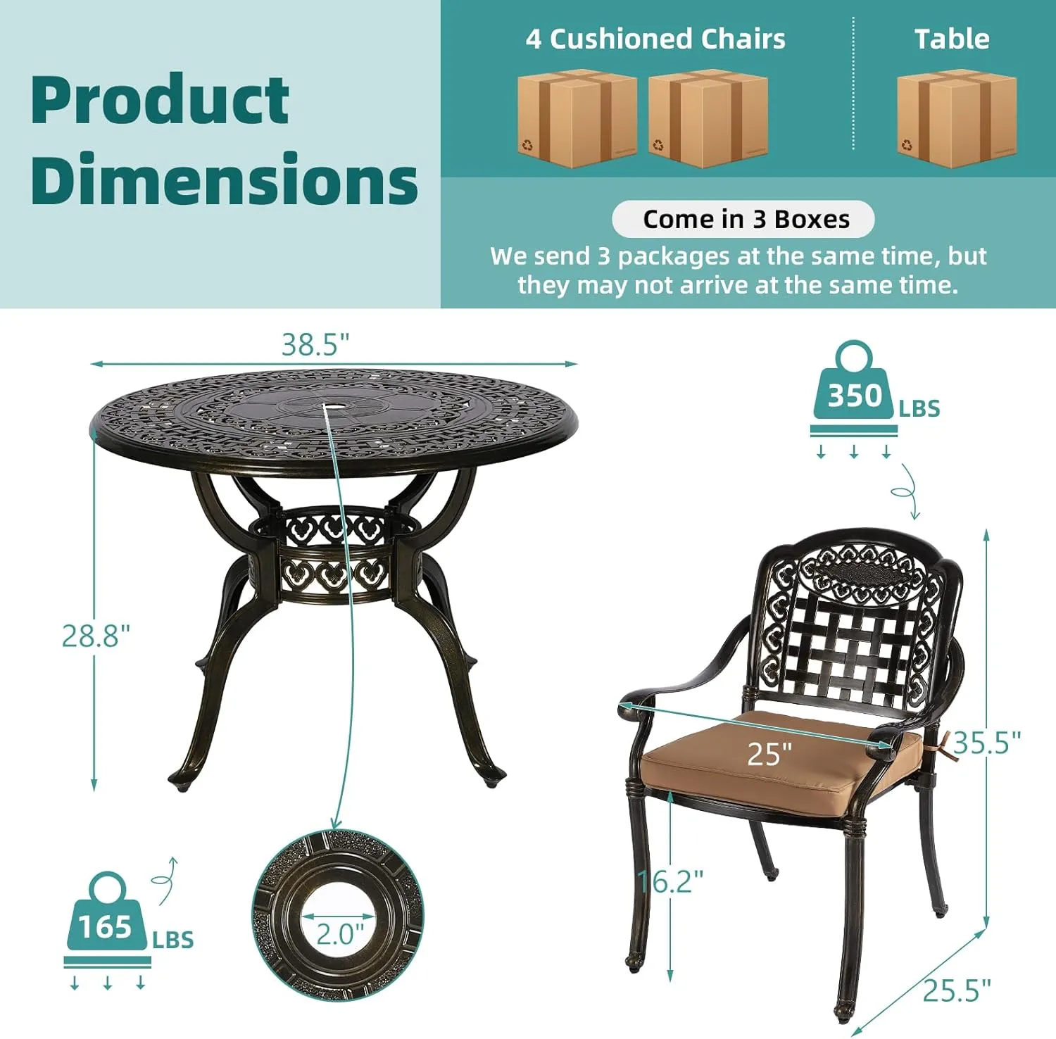 MEETWARM 5 Piece Patio Dining Set, Outdoor All-Weather Cast Aluminum Dining Table Set, Patio Furniture Set for Backyard Garden Deck, Include 4 Chairs, 4 Cushions and 1 Round Table with Umbrella Hole