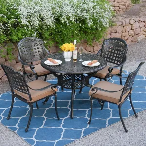 MEETWARM 5 Piece Patio Dining Set, Outdoor All-Weather Cast Aluminum Dining Table Set, Patio Furniture Set for Backyard Garden Deck, Include 4 Chairs, 4 Cushions and 1 Round Table with Umbrella Hole