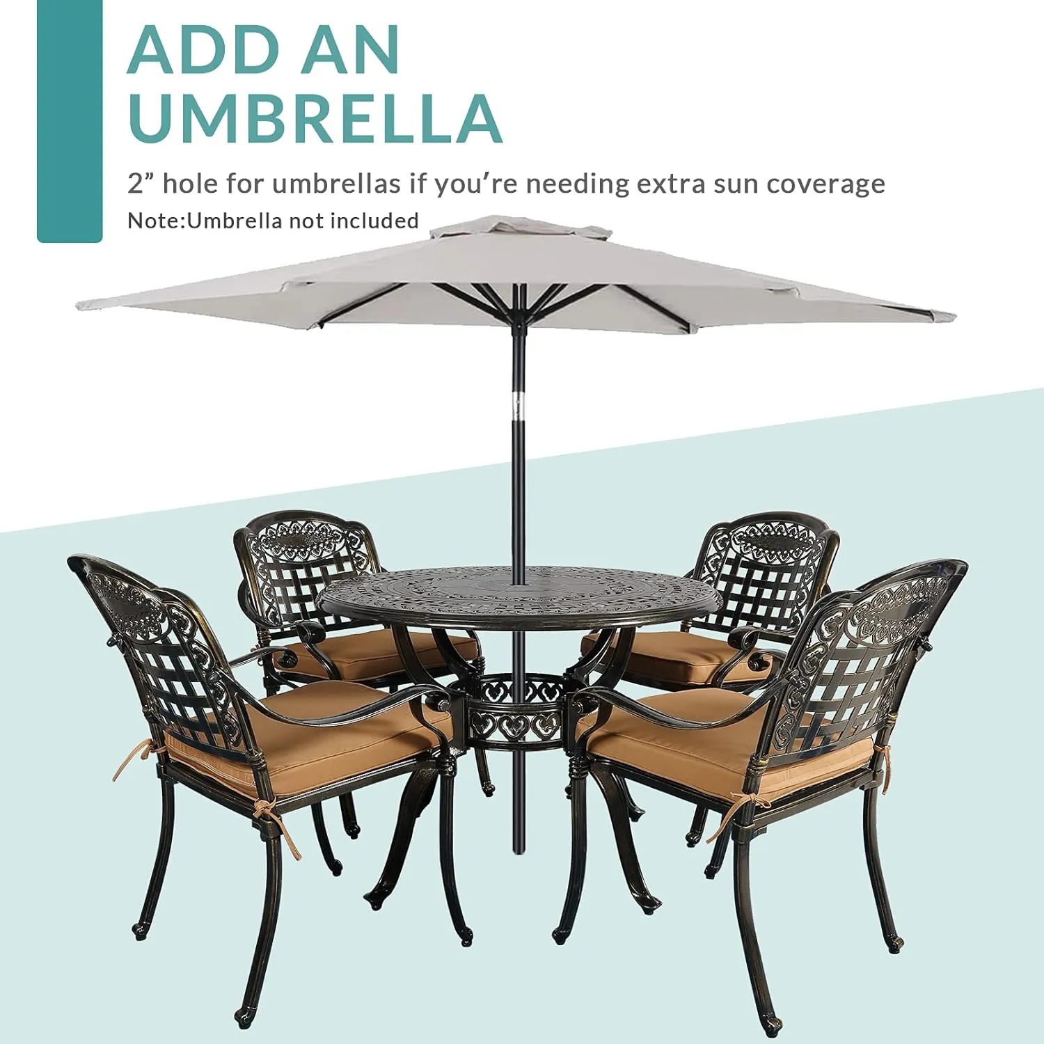 MEETWARM 5 Piece Patio Dining Set, Outdoor All-Weather Cast Aluminum Dining Table Set, Patio Furniture Set for Backyard Garden Deck, Include 4 Chairs, 4 Cushions and 1 Round Table with Umbrella Hole