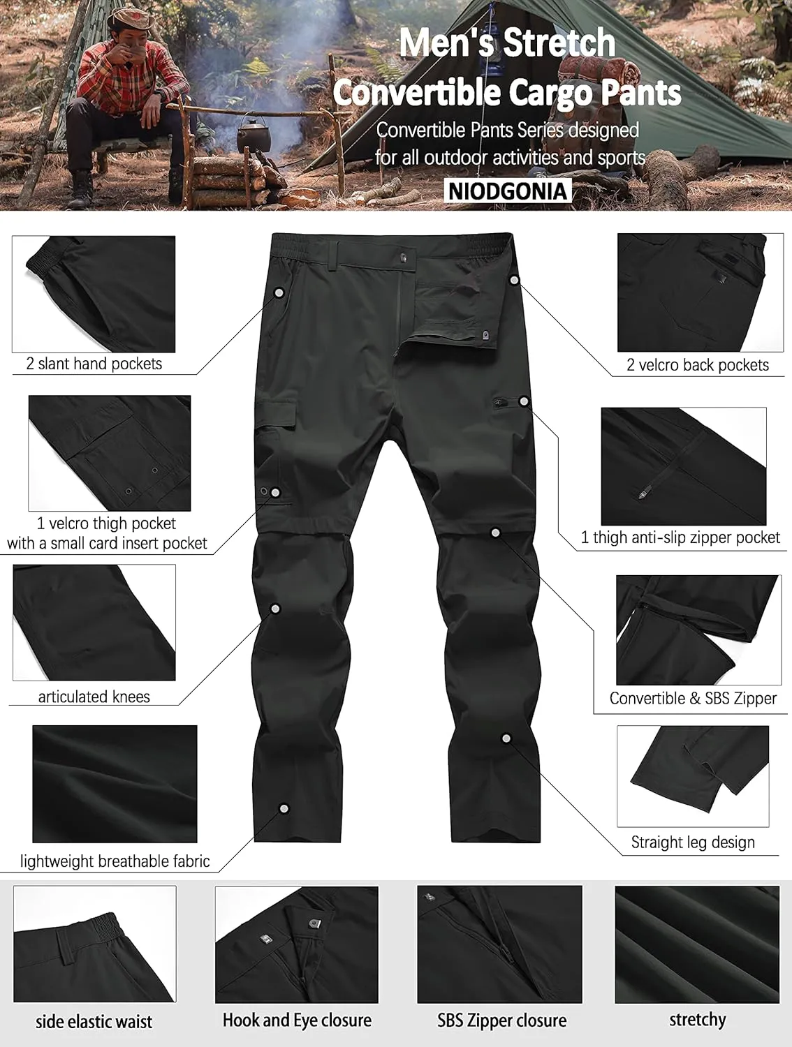 Mens Hiking Convertible Pants Waterproof Lightweight Quick Dry Zip Off Fishing Outdoor Cargo Work Trekking Trousers