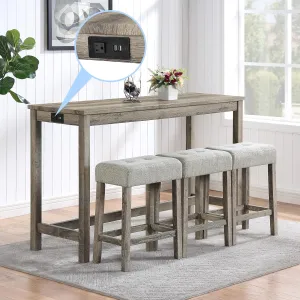 Merax 4 Piece Bar Table Set with Power Outlet,Dining Bar Table and Chairs Set,Industrial Breakfast Table with 3 Padded Stools,for Living Room, Dining Room, Game Room(Brown)