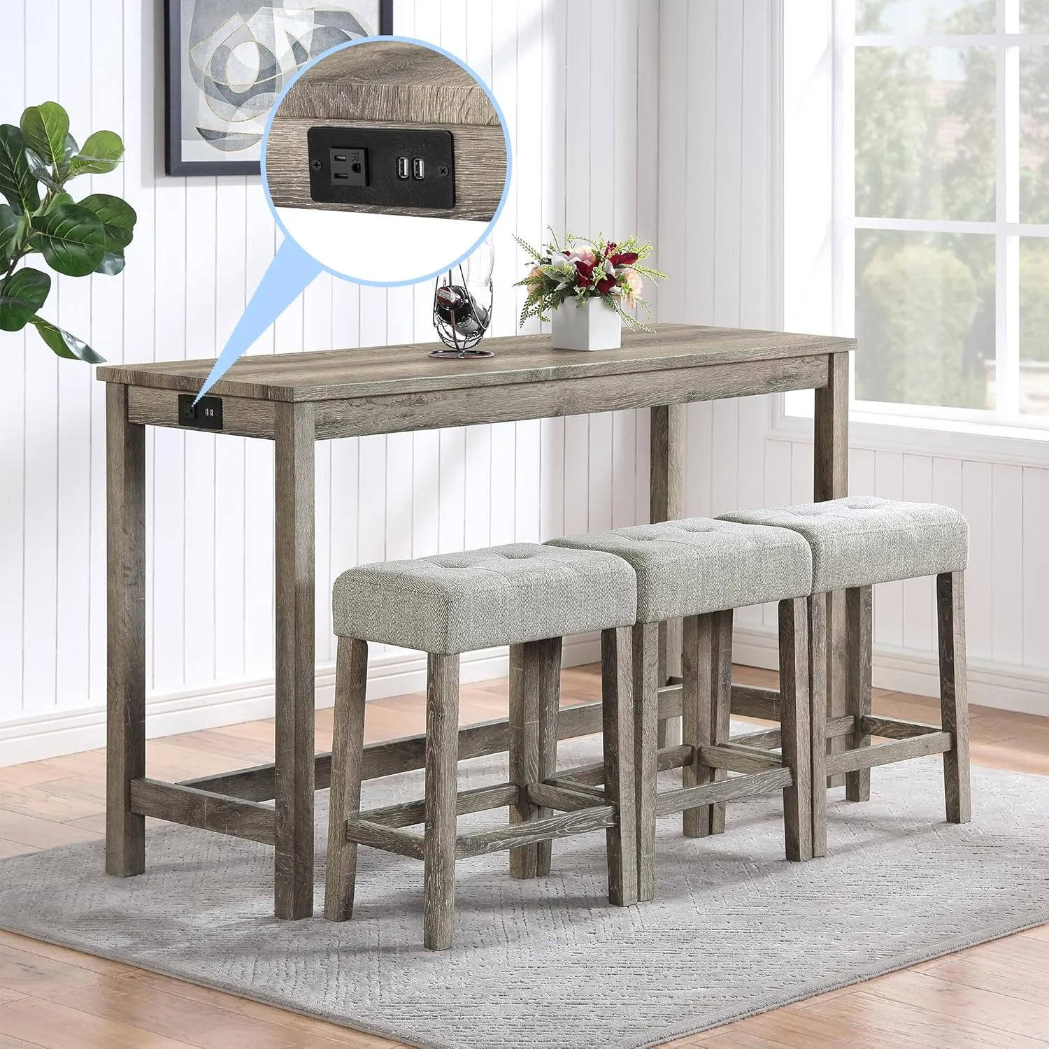 Merax 4 Piece Bar Table Set with Power Outlet,Dining Bar Table and Chairs Set,Industrial Breakfast Table with 3 Padded Stools,for Living Room, Dining Room, Game Room(Brown)