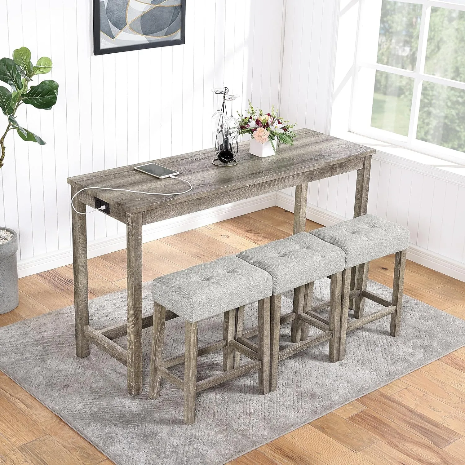 Merax 4 Piece Bar Table Set with Power Outlet,Dining Bar Table and Chairs Set,Industrial Breakfast Table with 3 Padded Stools,for Living Room, Dining Room, Game Room(Brown)