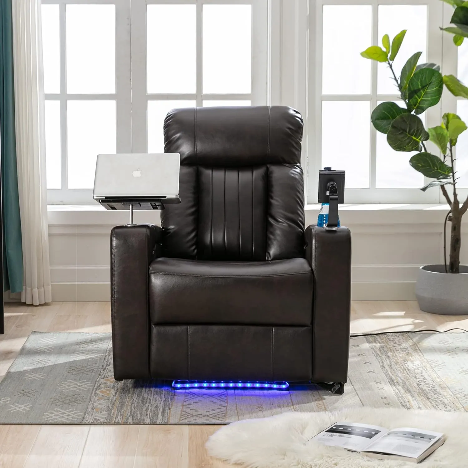 Merax Electric Recliner Chair with USB Charge Port, Hidden Arm Storage, Home Theater Seating with 2 Convenient Cup Holders Design, 360° Swivel Tray Table, Cell Phone Stand (Brown2) (Brown2)