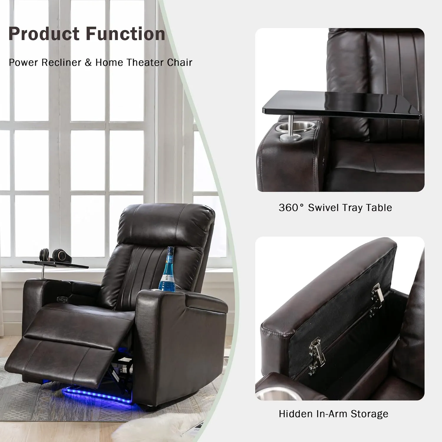 Merax Electric Recliner Chair with USB Charge Port, Hidden Arm Storage, Home Theater Seating with 2 Convenient Cup Holders Design, 360° Swivel Tray Table, Cell Phone Stand (Brown2) (Brown2)