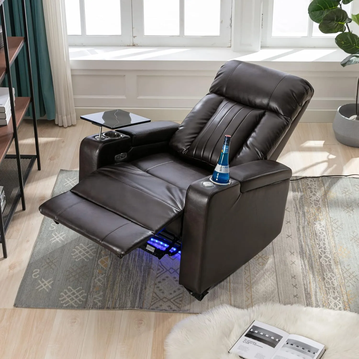 Merax Electric Recliner Chair with USB Charge Port, Hidden Arm Storage, Home Theater Seating with 2 Convenient Cup Holders Design, 360° Swivel Tray Table, Cell Phone Stand (Brown2) (Brown2)