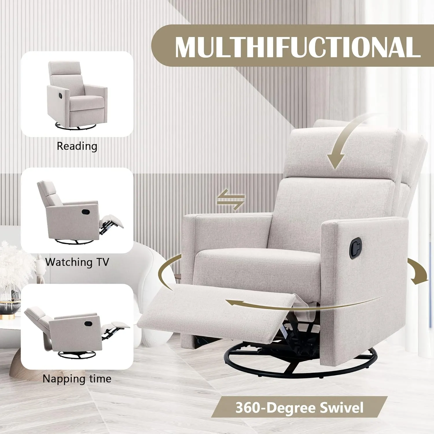 Merax Modern Modern Soft Linen Swivel Push Back Rocker Recliner w/Headsupport Adjustable Nursery Glider Chair for Living Room, Bedroom Tan