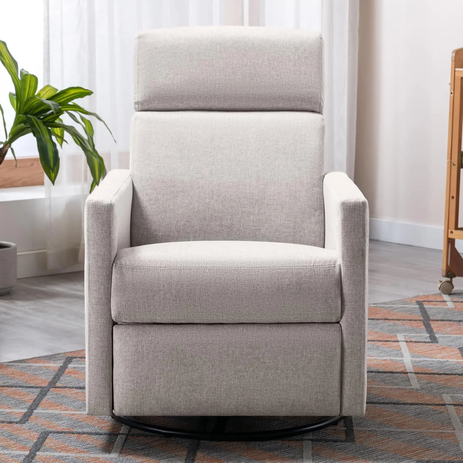 Merax Modern Modern Soft Linen Swivel Push Back Rocker Recliner w/Headsupport Adjustable Nursery Glider Chair for Living Room, Bedroom Tan
