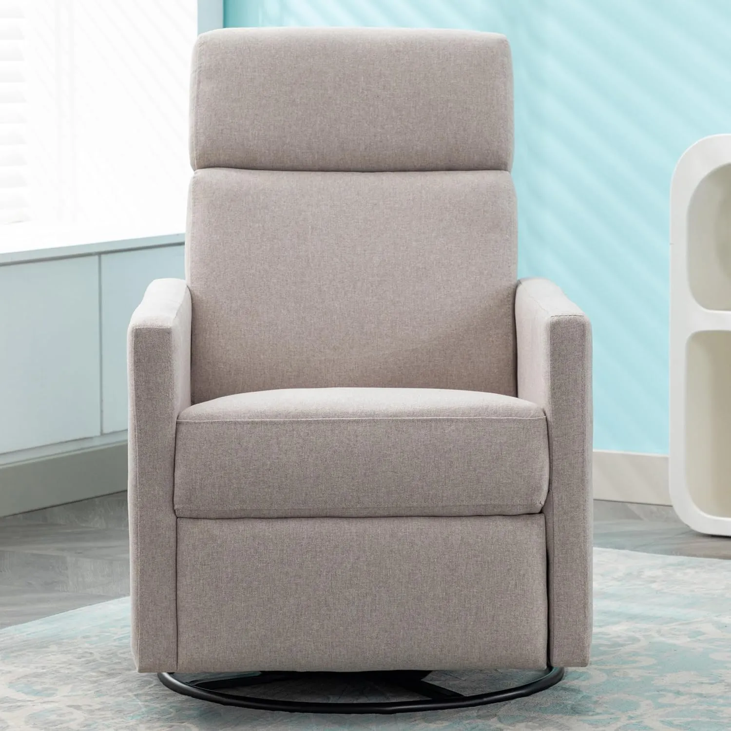 Merax Modern Soft Linen Swivel Push Back Rocker Recliner w/Headsupport Adjustable Nursery Glider Chair for Living Room, Bedroom Tan