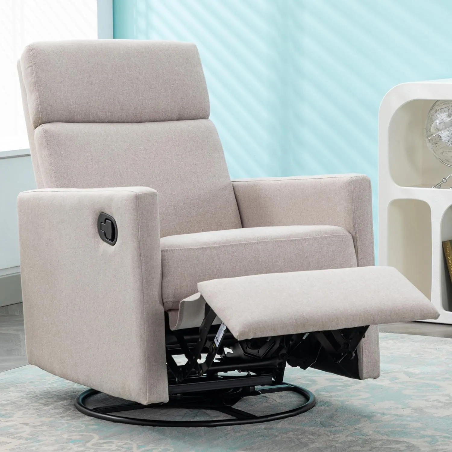 Merax Modern Soft Linen Swivel Push Back Rocker Recliner w/Headsupport Adjustable Nursery Glider Chair for Living Room, Bedroom Tan