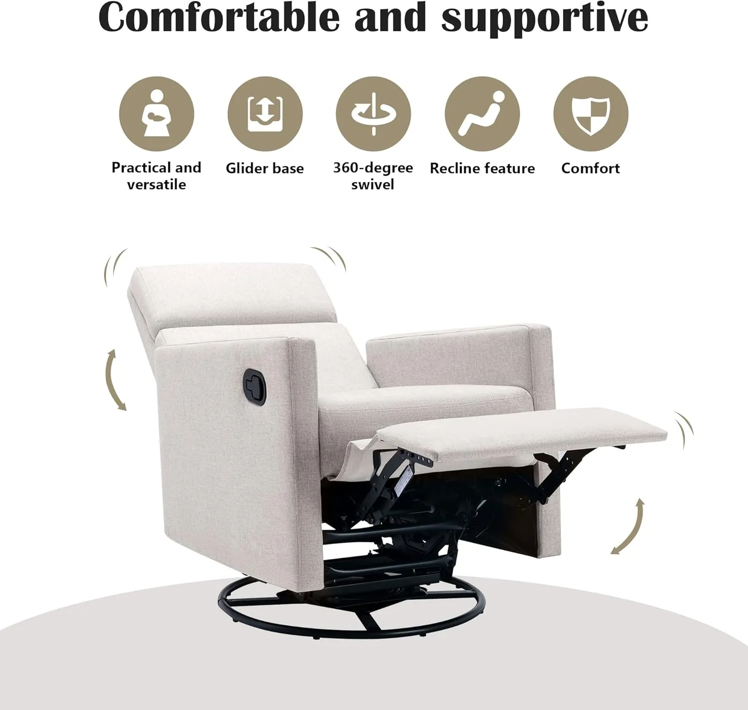 Merax Modern Soft Linen Swivel Push Back Rocker Recliner w/Headsupport Adjustable Nursery Glider Chair for Living Room, Bedroom Tan