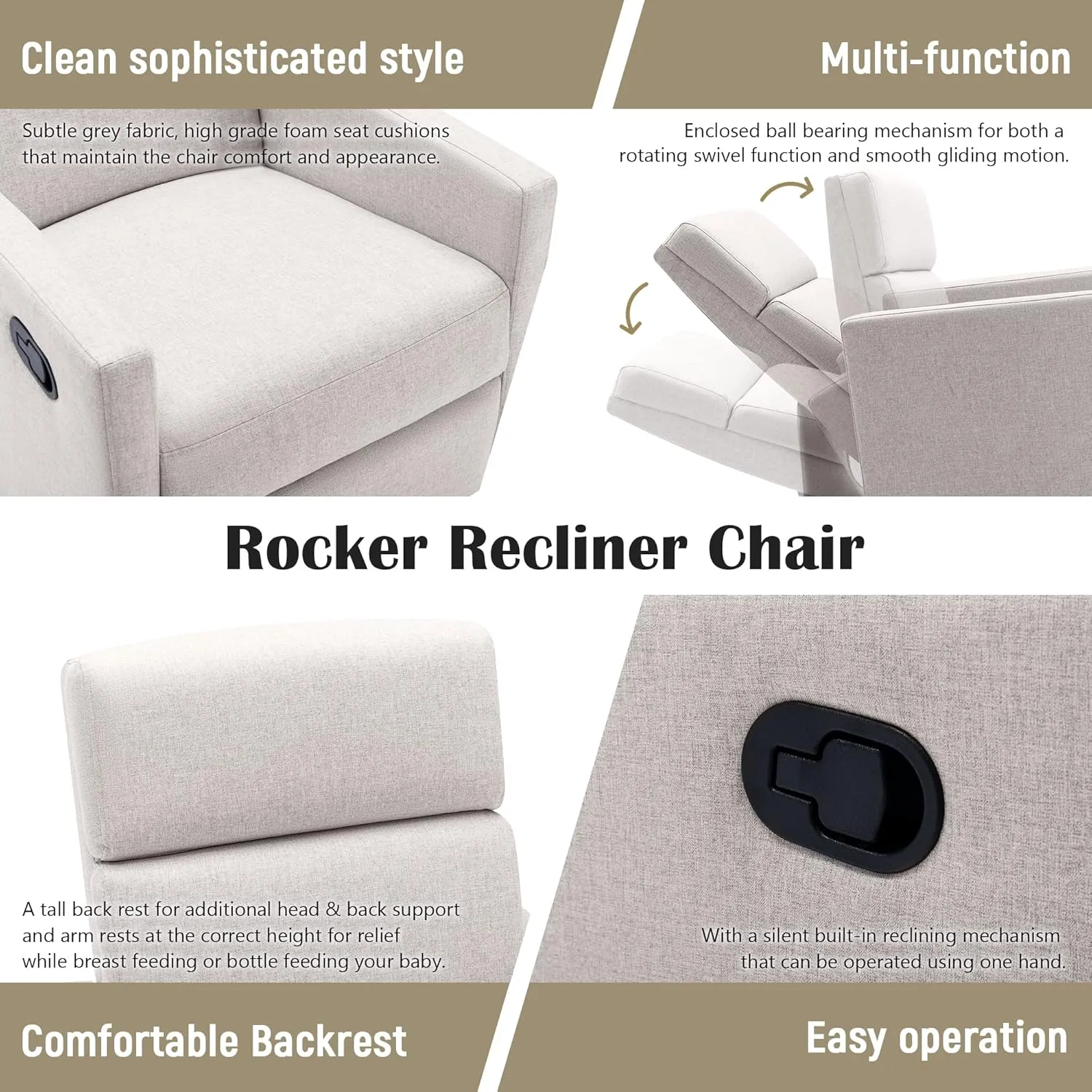 Merax Modern Soft Linen Swivel Push Back Rocker Recliner w/Headsupport Adjustable Nursery Glider Chair for Living Room, Bedroom Tan