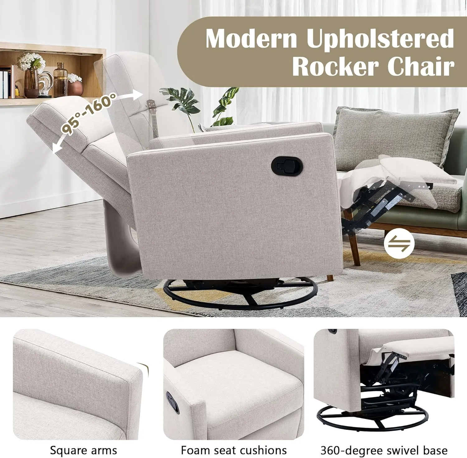 Merax Modern Soft Linen Swivel Push Back Rocker Recliner w/Headsupport Adjustable Nursery Glider Chair for Living Room, Bedroom Tan