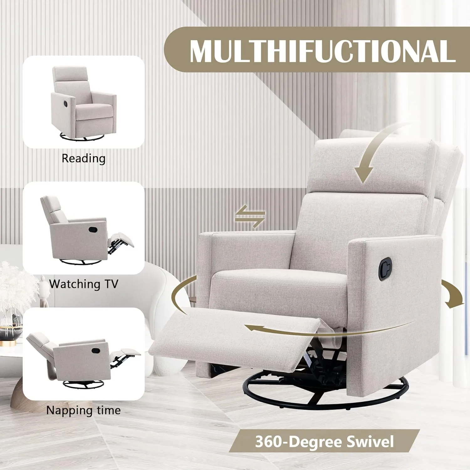 Merax Modern Soft Linen Swivel Push Back Rocker Recliner w/Headsupport Adjustable Nursery Glider Chair for Living Room, Bedroom Tan