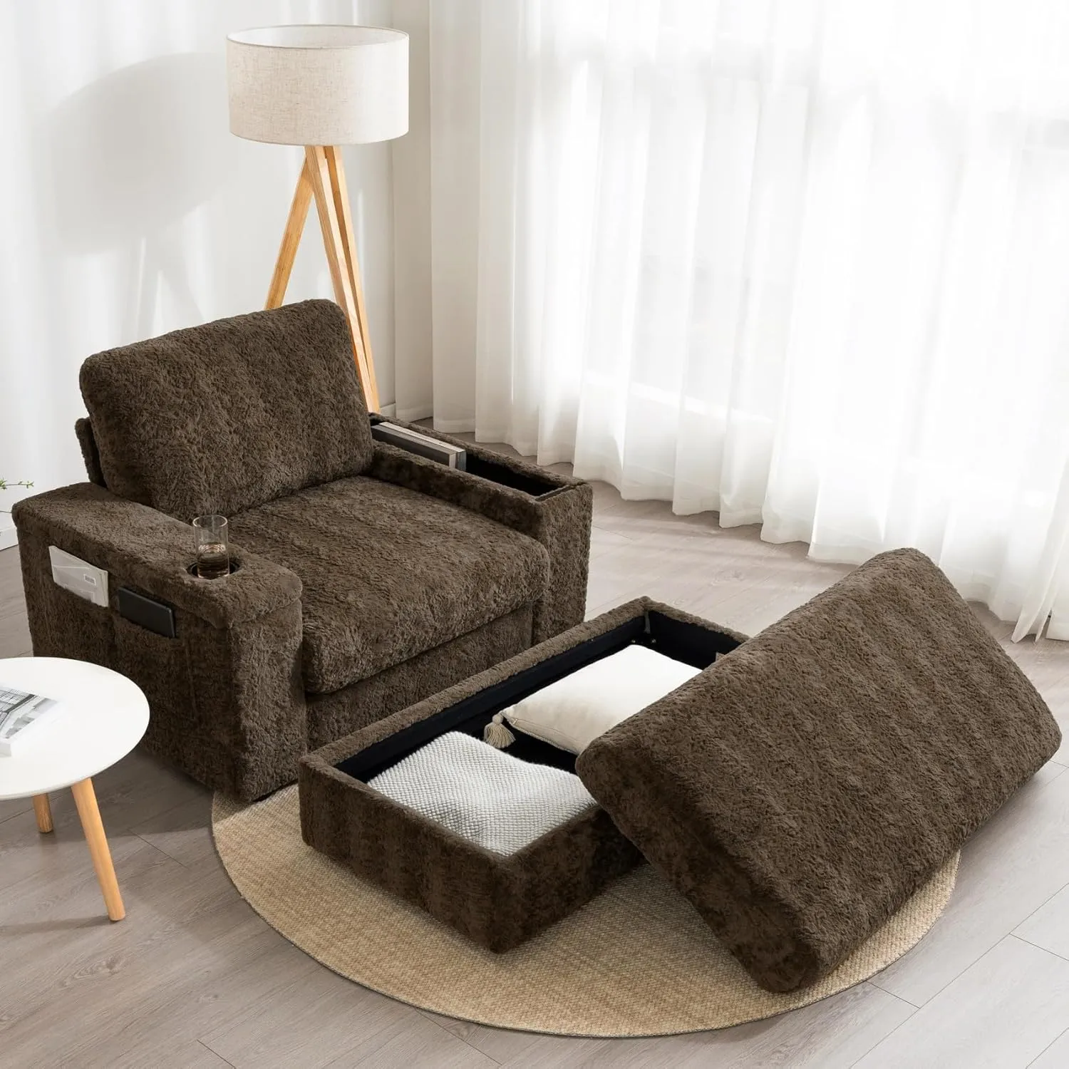 Merax Oversized Sleeper Chair with Storage Armrest & Ottoman, Cup Holders, Faux Rabbit Fur Upholstered Chaise Lounge Recliner, Deep Seat Reading Couch Sofa Bed for Living Room Bedroom, Antique Brown