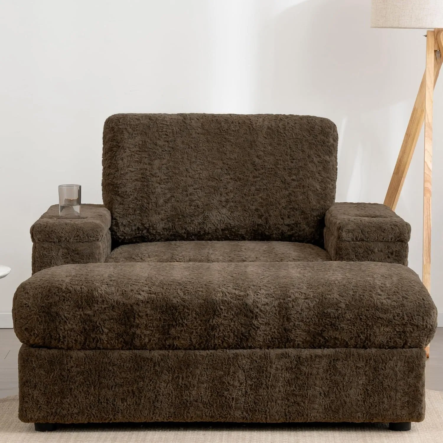 Merax Oversized Sleeper Chair with Storage Armrest & Ottoman, Cup Holders, Faux Rabbit Fur Upholstered Chaise Lounge Recliner, Deep Seat Reading Couch Sofa Bed for Living Room Bedroom, Antique Brown