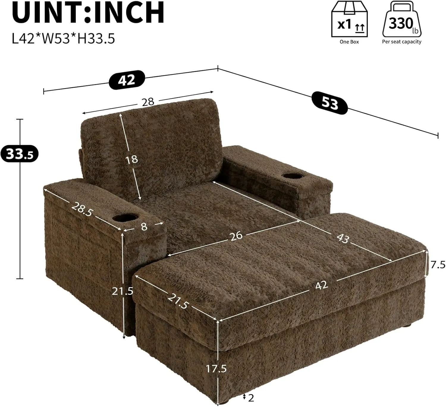 Merax Oversized Sleeper Chair with Storage Armrest & Ottoman, Cup Holders, Faux Rabbit Fur Upholstered Chaise Lounge Recliner, Deep Seat Reading Couch Sofa Bed for Living Room Bedroom, Antique Brown