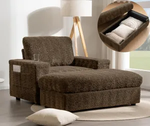 Merax Oversized Sleeper Chair with Storage Armrest & Ottoman, Cup Holders, Faux Rabbit Fur Upholstered Chaise Lounge Recliner, Deep Seat Reading Couch Sofa Bed for Living Room Bedroom, Antique Brown